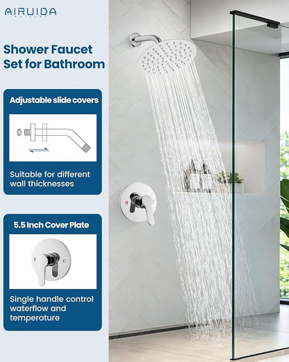 Airuida 8 Inch Chrome Polish Shower Faucet Set,Shower Valve Kit | Female Threads Rough-in Valve Shower Trim Kit,Single Handle Control Shower Set