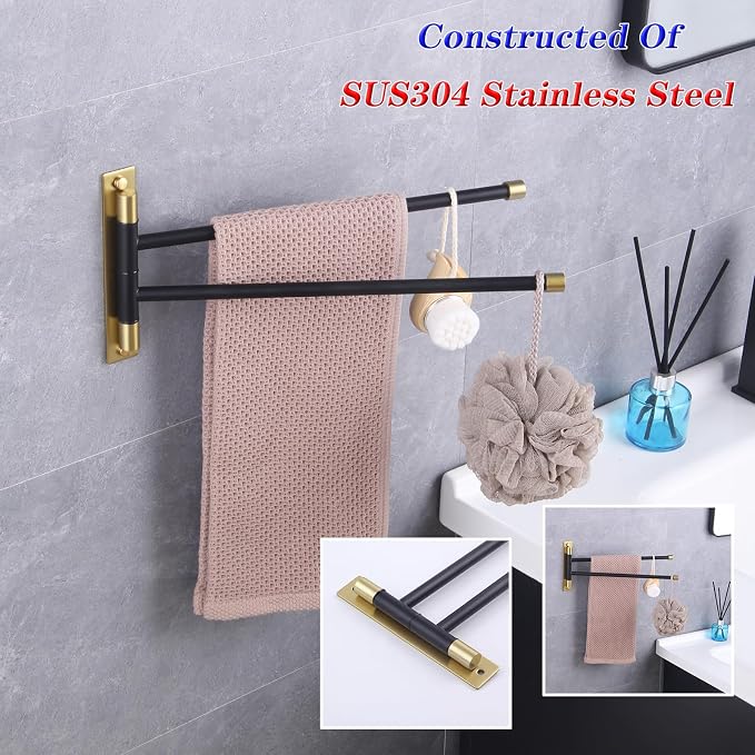 GERZWY Bathroom Swing Arm Towel Bars 2-Arm Wall Mount Stainless Steel Bath Towel Rack Hanger Towel Holder Organizer (Black & Gold) HYG02-BD