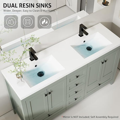 eclife 60" Bathroom Vanities with Sink Combo, Modern Thickened Wood Bathroom Storage Cabinet w/Undermount Double Sink, Matte Black Faucet Drain, Painted Surface, Green