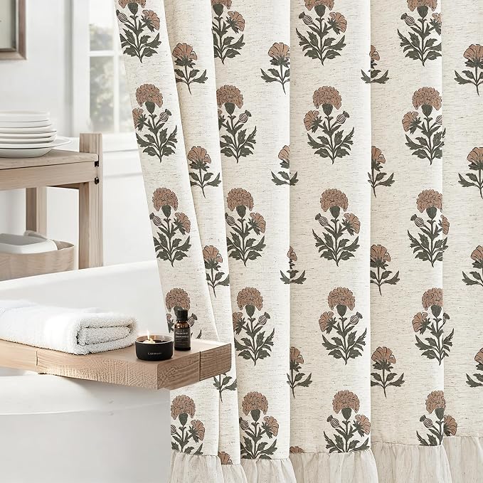 ORTIGIA Linen Textured Ruffle Shower Curtain with Metal Hooks, Vintage Terracotta Brown Floral Block Print Boho Waterproof Bath Curtain for Rustic Farmhouse Bathroom Decor 72x72 Inch