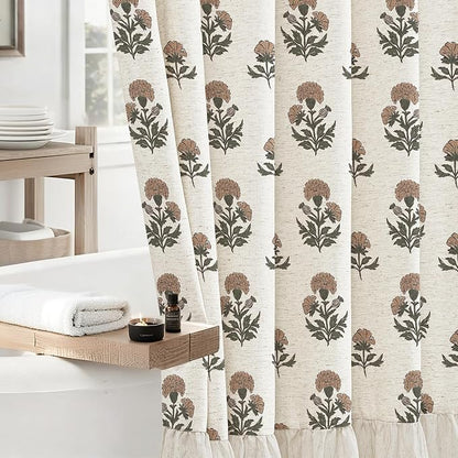 ORTIGIA Linen Textured Ruffle Shower Curtain with Metal Hooks, Vintage Terracotta Brown Floral Block Print Boho Waterproof Bath Curtain for Rustic Farmhouse Bathroom Decor 72x72 Inch