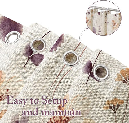 Plum Linen Watercolor Floral Fabric Shower Curtain, 72x72 | Linen Fabric, Modern Minimalist Floral Print, Machine Washable, Rustproof Grommets, for Bathroom Home