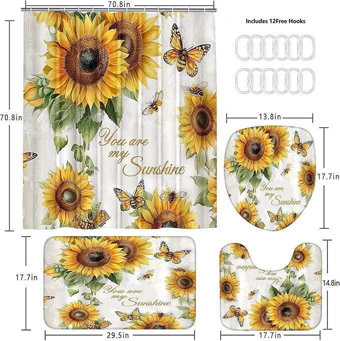 AZHM You are My Sunshine Shower Curtain Set Sunflower Inspirational Phrases Bathroom Decor Set with Rugs and Accessories
