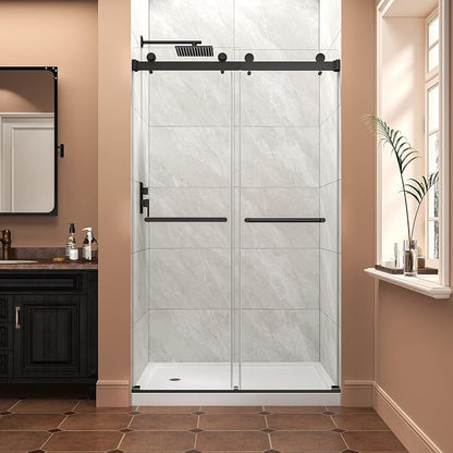 43"-48" W x 76" H Frameless Shower Door,Sliding Shower Door with 5/16"(8MM) SGCC Clear Tempered Glass,Reversible Installation,Nano Explosion-Proof Film,Waterproof Strip,for Bathroom,Matte Black