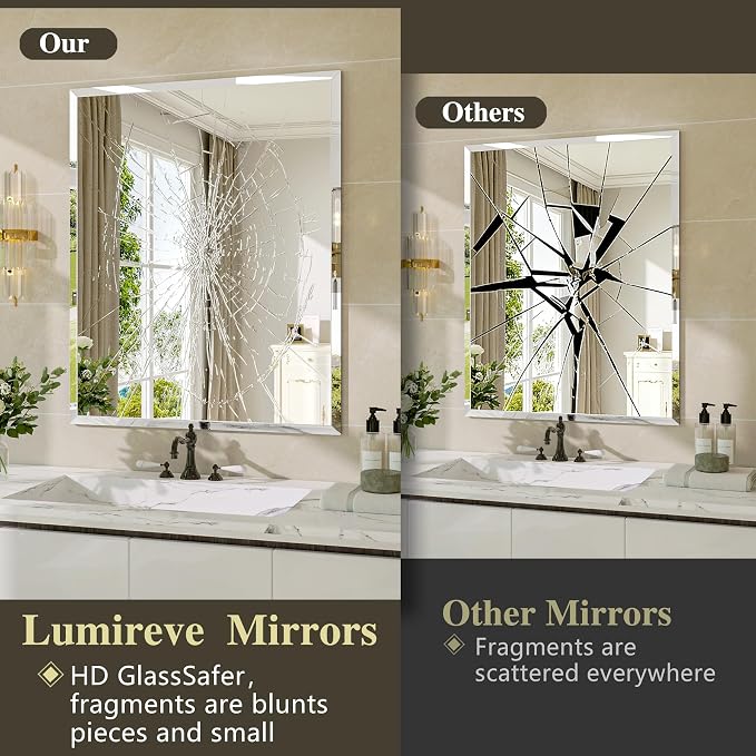 Frameless Bathroom Mirror, 48" x 36" Beveled Wall Mirror | 5mm HD glass, 20mm beveled edge, frameless, anti-rust, shatterproof, french cleat, horizontally or vertically