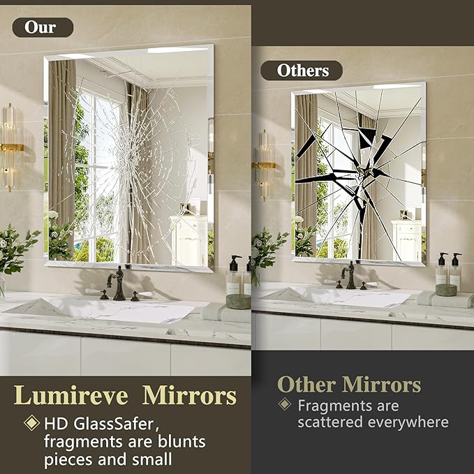 Frameless Bathroom Mirror, 24" x 36" Beveled Wall Mirror | 5mm HD glass, 20mm beveled edge, frameless, anti-rust, shatterproof, french cleat, horizontally or vertically