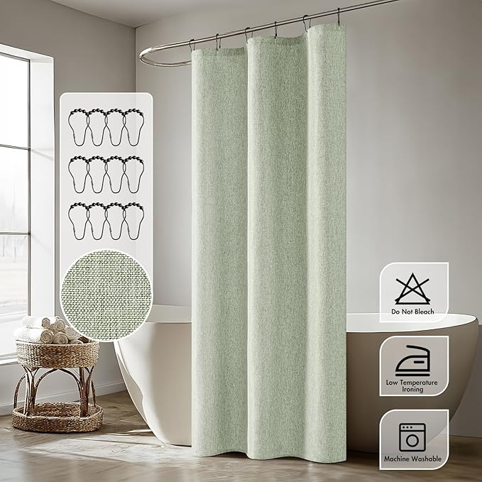 ANRODUO Linen Shower Curtain, Farmhouse Fabric Shower Curtain Set with 6 Metal Hooks, Waterproof Heavy Duty Textured Polyester, Button Hole Design, Machine Washable for Bathroom, W36xL72, Sage Green