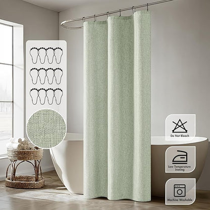 ANRODUO Linen Shower Curtain, Farmhouse Fabric Shower Curtain Set with 6 Metal Hooks, Waterproof Heavy Duty Textured Polyester, Button Hole Design, Machine Washable for Bathroom, W36xL72, Sage Green