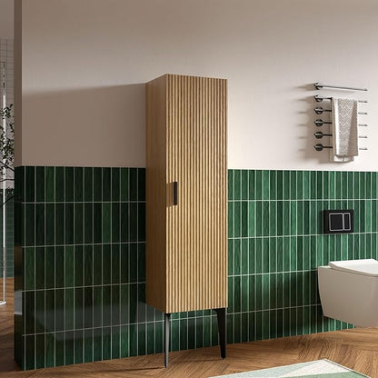 14" Bathroom Side Cabinet, Modern Striped Storage Cabinet with Soft-Closing Door, Adjustable Shelves & Metal Legs, Large Storage for Small Bathroom, Natural Oak, Cypress Collection