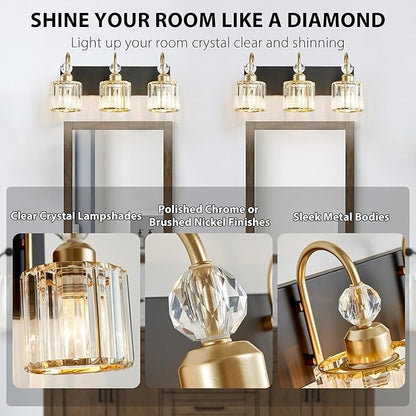 Bathroom Vanity Light Fixtures Over Mirror - Makeup Lighting Black Gold - for Modern Wall, Bath, Desk, Farmhouse, Hallway 3 Crystal Lights