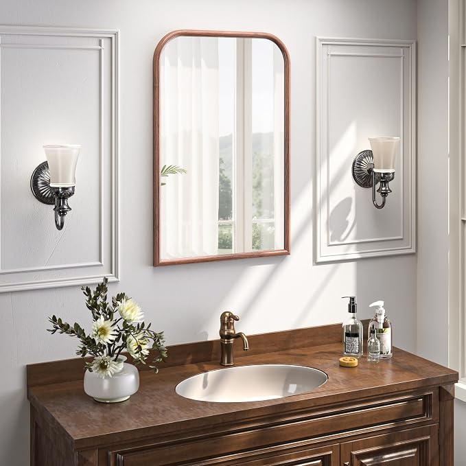 24"x36" Arch Wall Mirror for Wall, Wall Mounted Vanity Mirror for Bedroom, Wood Grain Finish Frame Mirror with Tempered Glass, Vintage Decorative for Bathroom, Entryway, Living Room, Walnut