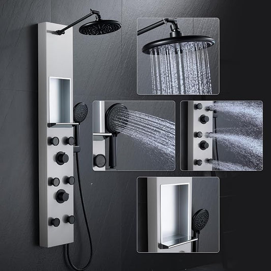 POPFLY Shower Panel Tower System with 8-inch Rainfall Shower and Shelf | Adjustable Shower Arm Height Rainfall Head, 6 Body Jets and 5-Setting Handheld Shower, Brushed Nickel, Stainless Steel