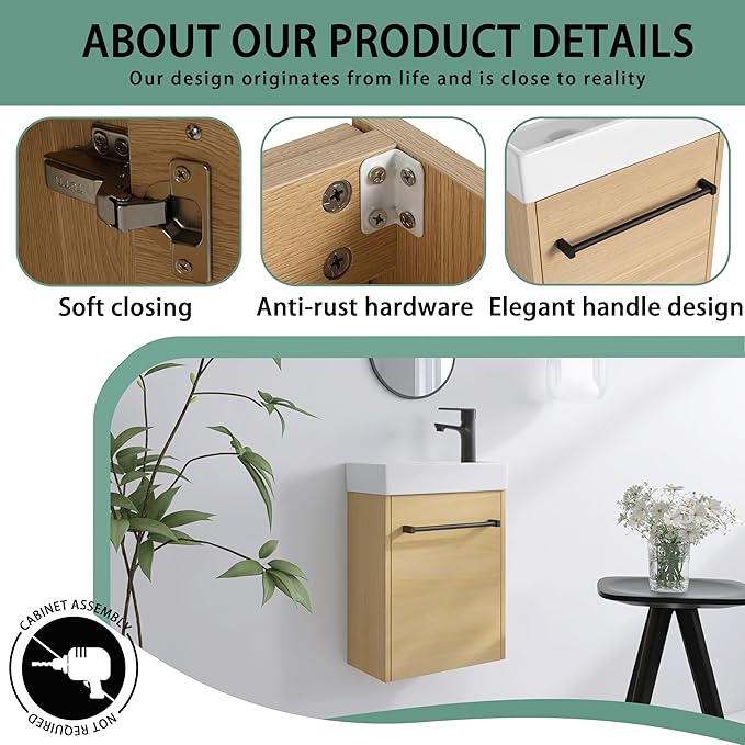16" Bathroom Vanity with Sink, 16 Inch Floating Bathroom Vanity for Small Space, Single Sink Bathroom Vanity Combo, Modern Bathroom Vanity, Brown Wall Mounted Cabinet Set