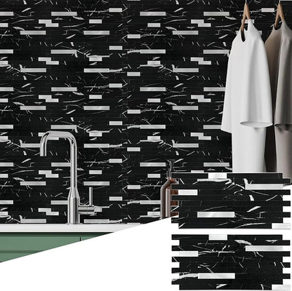 Yipscazo 20 Sheets Peel and Stick Stone Metal Backsplash Tiles, PVC Wall Tiles Stick on Backsplash for Kitchen, Bathroom (6'' X 12'', Black Rock)