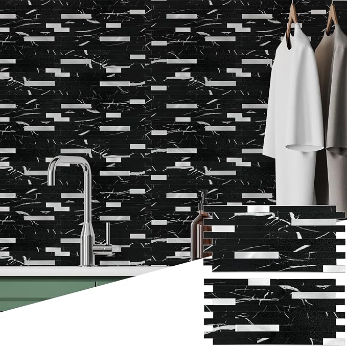 Yipscazo 2 Sheets Peel and Stick Stone Metal Backsplash Tiles, PVC Wall Tiles Stick on Backsplash for Kitchen, Bathroom (6'' X 12'', Black Rock)