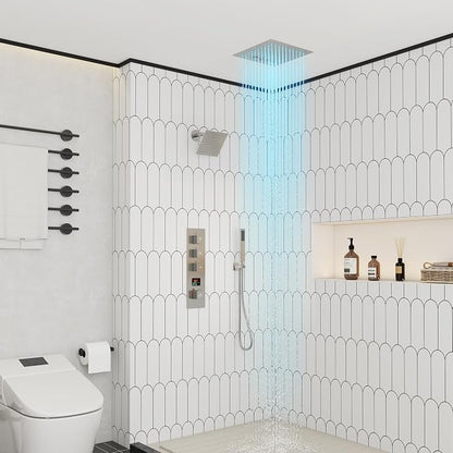 CASAINC Thermostatic Shower System 12" Ceiling-Mounted Rain Shower Head with 6" Shower Head, Smart Shower System with Handheld Spray, LED Light & Music, Water Temperature Display (Brushed Nickel)