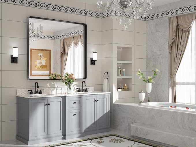Black Framed Mirrors for Bathroom, 42 x 36 Inch Modern Decorative Wall Mounted Rectangle Matte Framed Vanity Mirror (Horizontal/Vertical)