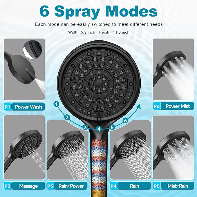 Handheld Filtered Shower Head, 6 Inch High Pressure Hand held Shower Head with Filters for Hard Water, 6 Spray Modes Detachable Showerhead with Hose, Matte Black
