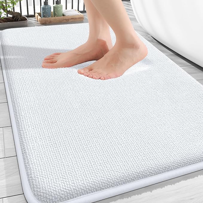 OLANLY Thick Memory Foam Bathroom Rugs 30x20, Absorbent Bath Mat, White | Soft Quick Dry Bath Rugs, Non-Slip, Machine Washable Carpet for Bathroom Floor, Tub and Shower, Home Decor Accessories