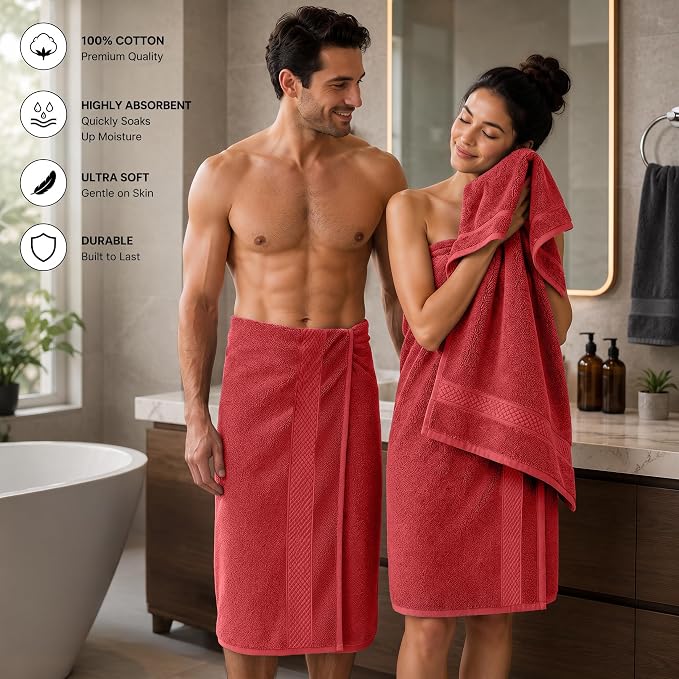 DAN RIVER 600 GSM Cotton Large Bath Towels Set of 4, 27 x 54 Inches, Red | Larger & Lighter Weight Towels for Bathroom - Highly Absorbent & Quick Dry 100% Cotton Bath Towel Set for Home, Spa & Hotel