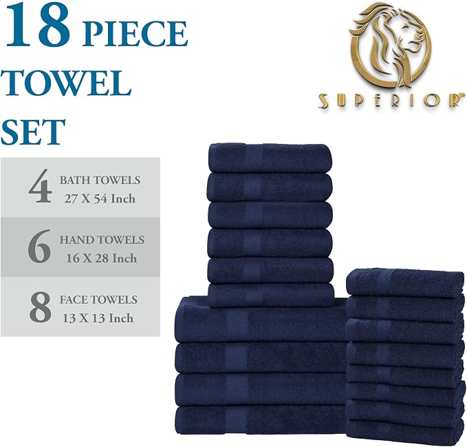 SUPERIOR 18-Piece Cotton Assorted Towel Set, Includes 8 Face Towel, 6 Hand, and 4 Bath Towels, Home, Bathroom, Guest Bath Essentials, Quick Dry, Absorbent, Franklin Collection - Navy Blue