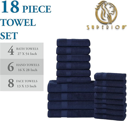 SUPERIOR 18-Piece Cotton Assorted Towel Set, Includes 8 Face Towel, 6 Hand, and 4 Bath Towels, Home, Bathroom, Guest Bath Essentials, Quick Dry, Absorbent, Franklin Collection - Navy Blue