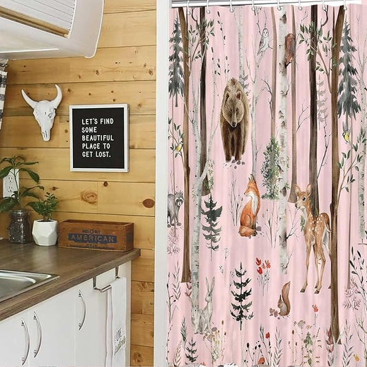 JAWO Rustic Forest Shower Curtains, Lodge Cabin Woodsy RV Shower Curtain, Wildlife Animals Woodland Campers Camping Bathroom Set with Hooks, 54x72 Inch, Pink