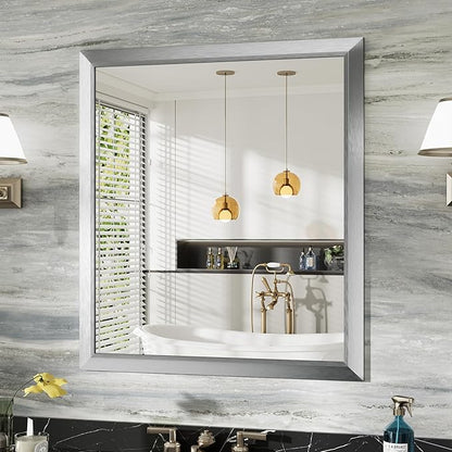 36x32 Inch Brushed Silver Bathroom Mirror for Wall, Thick Metal Framed Rectangle Mirrors for Over Sink, Bedroom, Living Room, Entryway, Anti-Rust, HD Tempered Glass