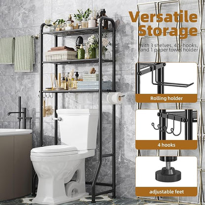 Simple Trending Over The Toilet Storage Rack, Metal 3 Tier Bathroom Organizer Shelf with Paper Holder and 3 Hooks, Freestanding Shelf Space Saver Above Toilet,Black