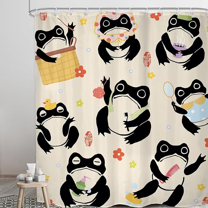 LGhtyro Japanese Funny Frog Shower Curtain Bathroom Set 71Wx78H Inches Fun Kids Washing Animal Asian Lovely Style Traditional Flower Bath Accessories Anime Cartoon Art Home Decor Fabric 12 Pack Hooks