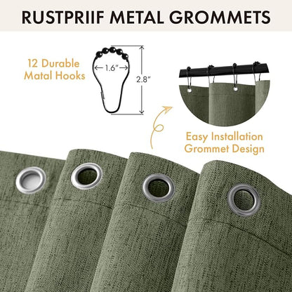 ANRODUO Olive Green Scalloped Linen Textured Shower Curtain, W72 x L80 | Boho Farmhouse Shower Curtain with 12 Metal Hooks, Machine Washable Waterproof Heavy Duty Fabric for Bathroom Bathtub