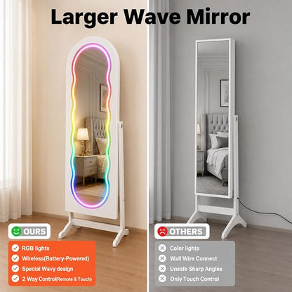 Fiqevs RGB Mirror Jewelry Cabinet, Remote Control LED Mirror with Storage | Arched Standing Jewelry Armoire with Full Length Wavy Mirror, Lockable, Spacious Storage Organizer, Gift Idea, White