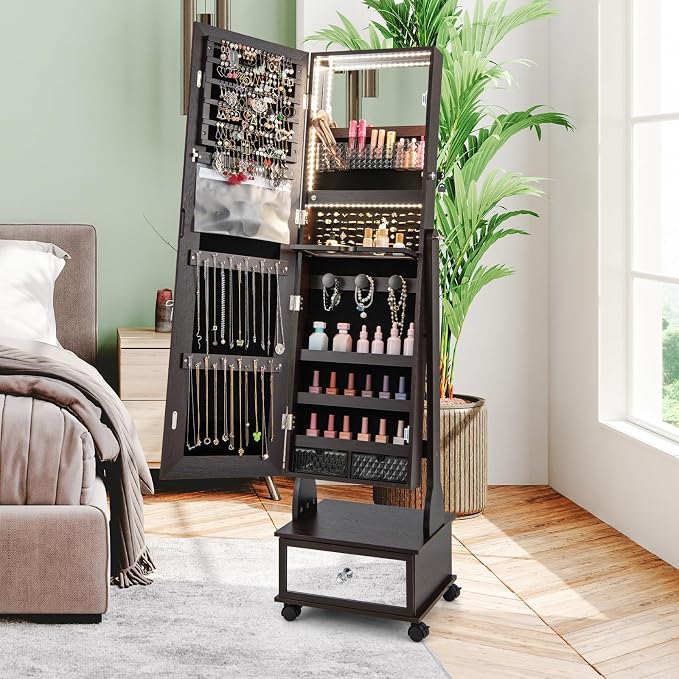 CHARMAID Rolling Jewelry Armoire with Full Length Mirror, Lockable Standing Jewelry Cabinet Organizer with Wheels & 3-Color Lights, Mirror with Jewelry Storage, Drawers & Shelves (Espresso)