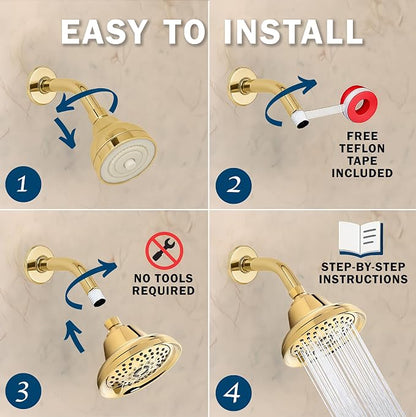 Aqua Elegante Massage Shower Head With Mist - 2.5 GPM - Polished Brass | High Pressure Boosting, 6 Function Adjustable Massaging Rainfall Showerhead For Low Flow Baths With Water Saving Nozzles