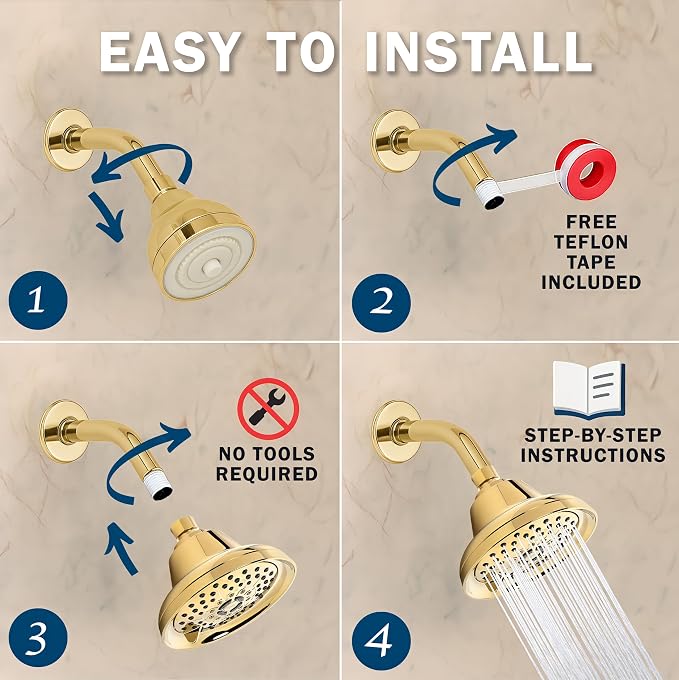 Aqua Elegante Massage Shower Head With Mist - 1.8 GPM - Polished Brass | High Pressure Boosting, 6 Function Adjustable Massaging Rainfall Showerhead For Low Flow Baths With Water Saving Nozzles