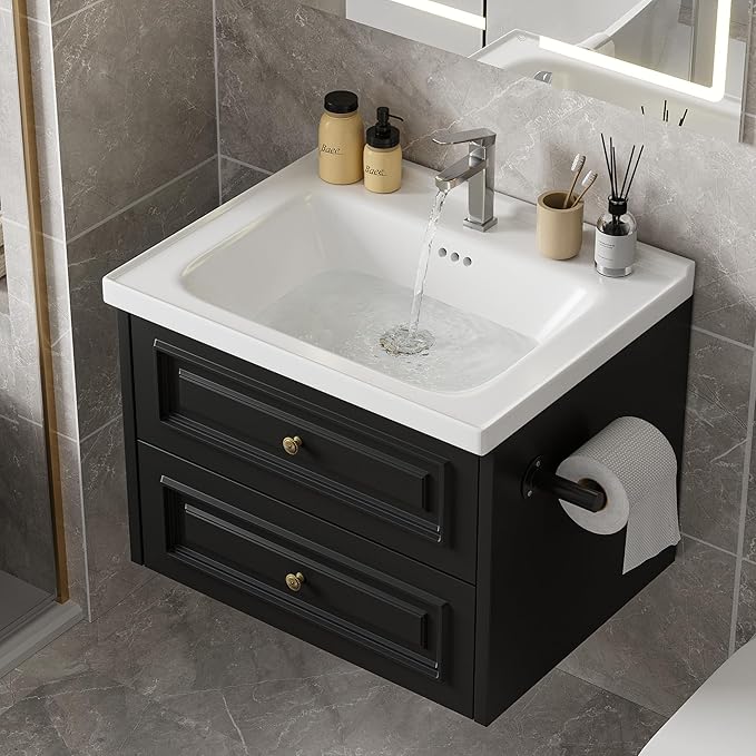 24" Bathroom Vanity with Sink, Floating Bathroom Vanity with with Marble Ceramic Basin Top and 2 Storage Drawers, Modern Storage Cabinet for Small Space, Black