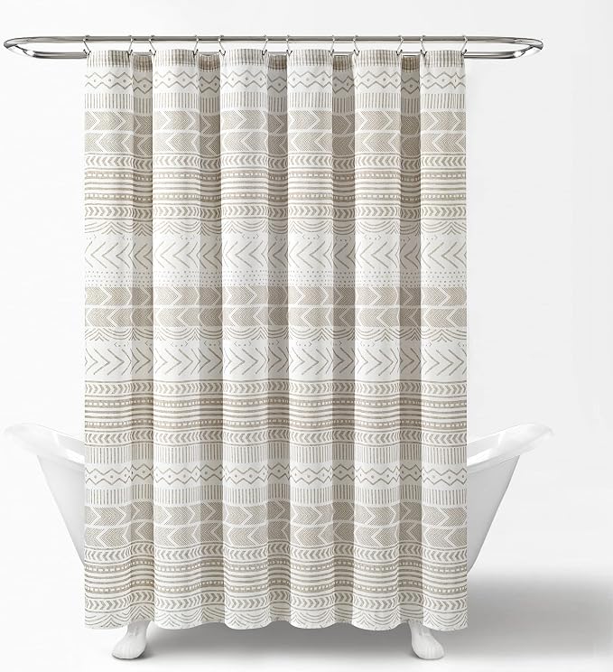 Lush Decor Hygge Geo Shower Curtain, 72" W x 72" L, Taupe/White - Curtain For Bathroom - Striped Bathroom Decor - Netural Color Home Accessories - White Home Accessories - Geometric Scandinavian Print