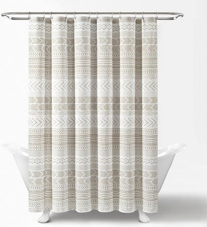 Lush Decor Hygge Geo Shower Curtain, 72" W x 72" L, Taupe/White - Curtain For Bathroom - Striped Bathroom Decor - Netural Color Home Accessories - White Home Accessories - Geometric Scandinavian Print