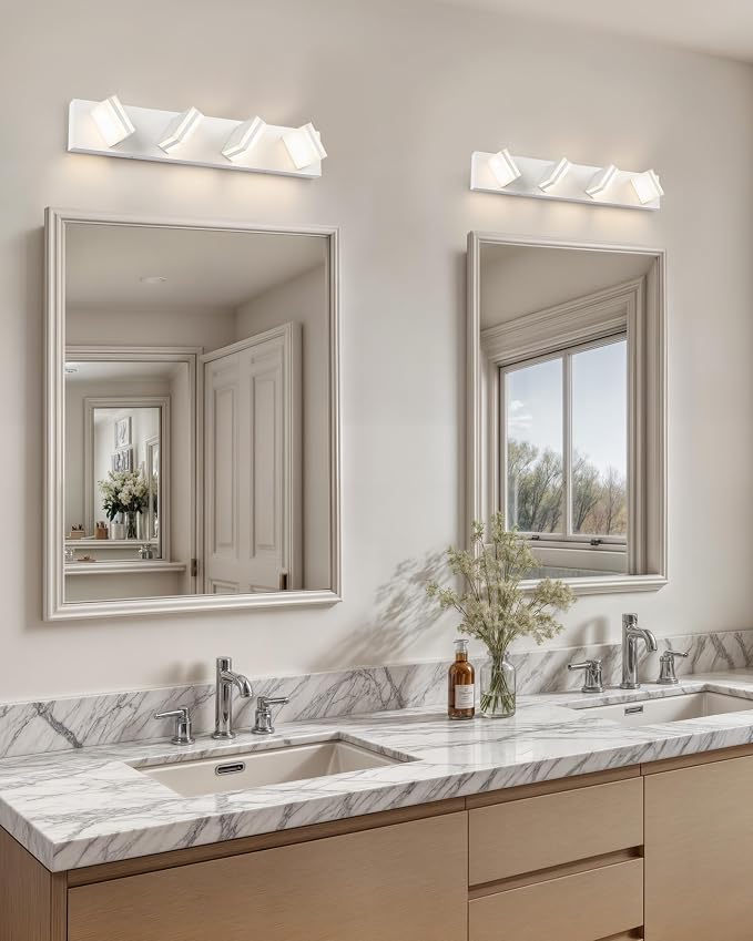 VONLUCE LED Modern Bathroom Vanity Light Fixture, Matte White | 26'', 4-Light, 3CCT, 360° Rotate, High CRI, Flicker-free, Dimmable, Memory Function, Waterproof IP44, Easy Installation