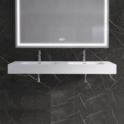 Wall Mount Double Bathroom Sink 59"L x 18"W x 5"H, Resin Stone Floating Sink with Facuet Holes, Rectangle Countertop Freestanding Vessel Sinks (Double Holes 59'')