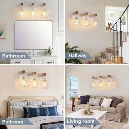 VbiTmn Bathroom Light Fixtures, 3 Light White Farmhouse Wood Vanity Lights | Rustic Design, Diamond Metal Shades, Easy to Install, Wall Sconces for Bathroom, Bedroom, Makeup Area, Over Vanity Mirror