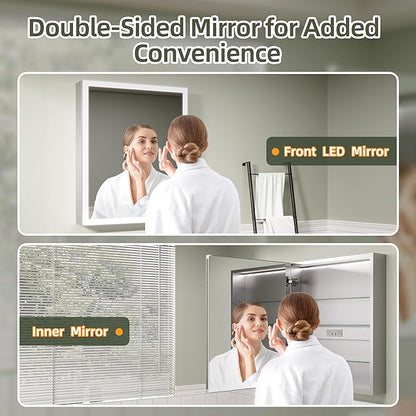 LED Medicine Cabinet Mirror with Lights, 24x30 Inch Bathroom Storage, Recessed/Wall Mount, Plug-in/Hardwired, 3 Color Dimmable Light, Anti-Fog, Time Temp Display, Right Hinge