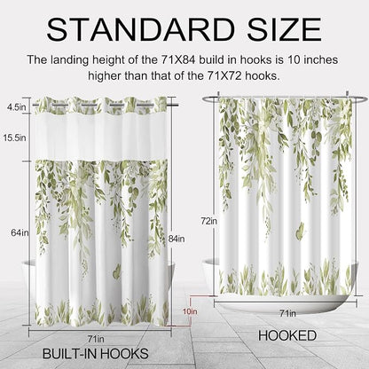 No Hook Shower Curtain and Liner Set, Beige Eucalyptus 71x84 | Floral Design, with Snap in Liner, See-Through Top Window, Waterproof, Machine Washable, Quick-Drying, for Hotel Bathroom