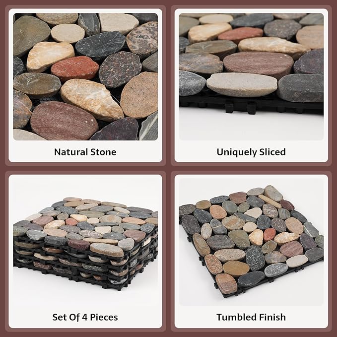 Pebble Tile, Natural Stone Paver Tile, Mountain Grey 4 Sheets | Interlocking Deck Tiles for Patio,Outdoor and Indoor Floor Tiles for Porch Poolside