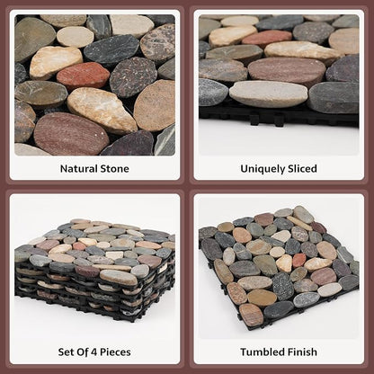 Pebble Tile, Natural Stone Paver Tile, Mountain Grey 4 Sheets | Interlocking Deck Tiles for Patio,Outdoor and Indoor Floor Tiles for Porch Poolside