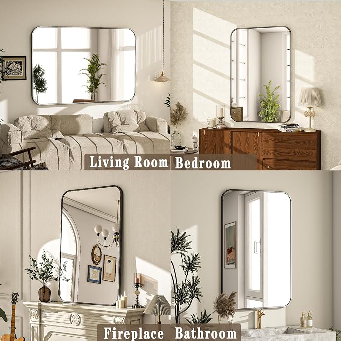 20x28 Inch Black Bathroom Vanity Mirror for Over Sink | Rectangle Wall Mirror for Bathroom with Round Corner, Hangs Horizontally Vertically for Living Room, Bedroom as Home Decor