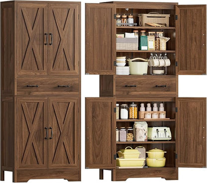 Tall Storage Cabinet with 2 Adjustable Shelves & 1 Large Drawer, Kitchen Pantry Cabinet with 4 Doors, Bathroom Storage Cabinets, for Living Room, Kitchen, Bathroom, Walnut