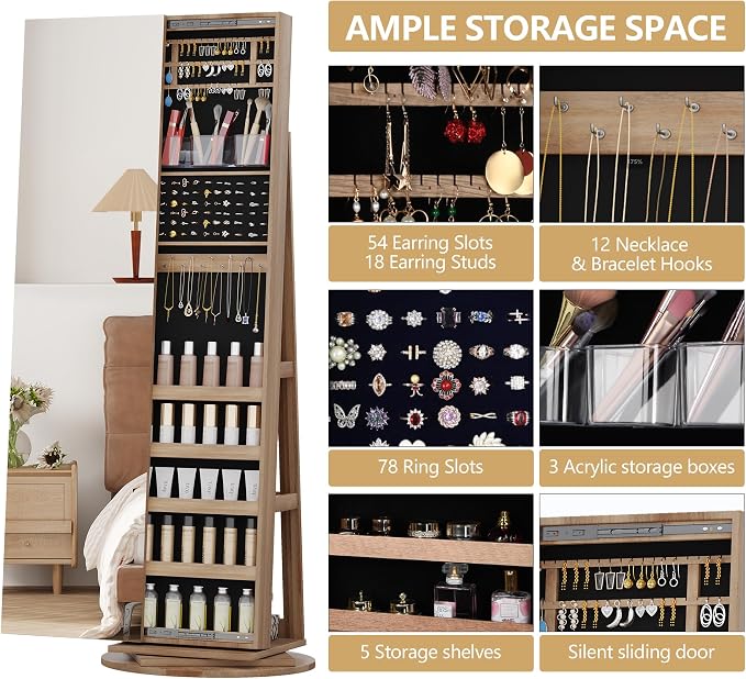 LVSOMT Standing Jewelry Cabinet with Sliding Full Length Mirror, Wood | 360° Swivel Mirror with Jewelry Storage, Lockable Jewelry Armoire Organizer with 3 Rear Shelves for Bedroom, Gift for Women