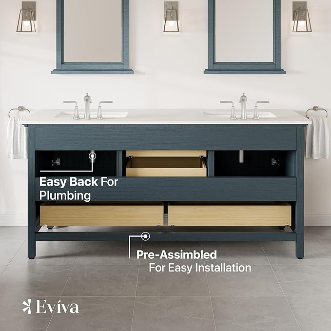 Eviva Britney 72 in. Ash Blue Double Sink Bath Vanity with Carrara Quartz Top and Undermount Porcelain Sinks