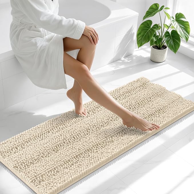 Smiry Thick Chenille Bathroom Runner Rugs 47x17, Absorbent Bath Mat, Sand | Quick‑Dry & Machine Washable, Non‑Slip Bath Carpet, Soft Striped Bath Rugs for Tub & Shower, Modern Home Decor Accessories